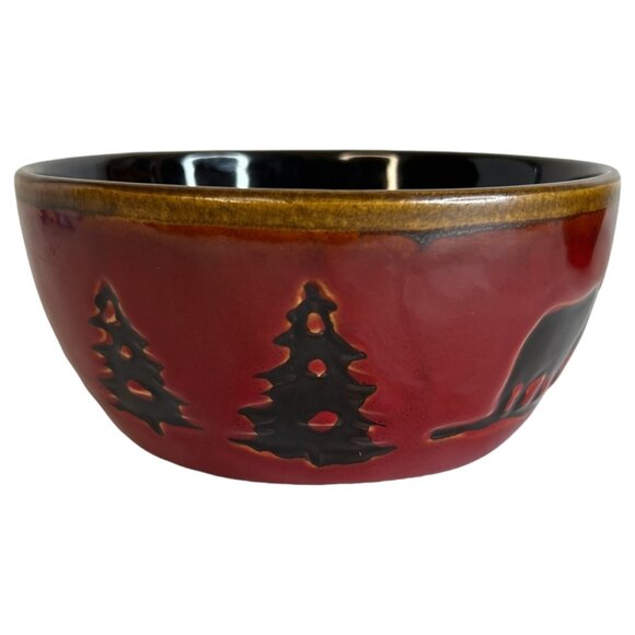 2 Woodland Home Studio Red Ceramic Cereal Bowls Bear & Pine Tree Design Soup - Picture 2 of 12
